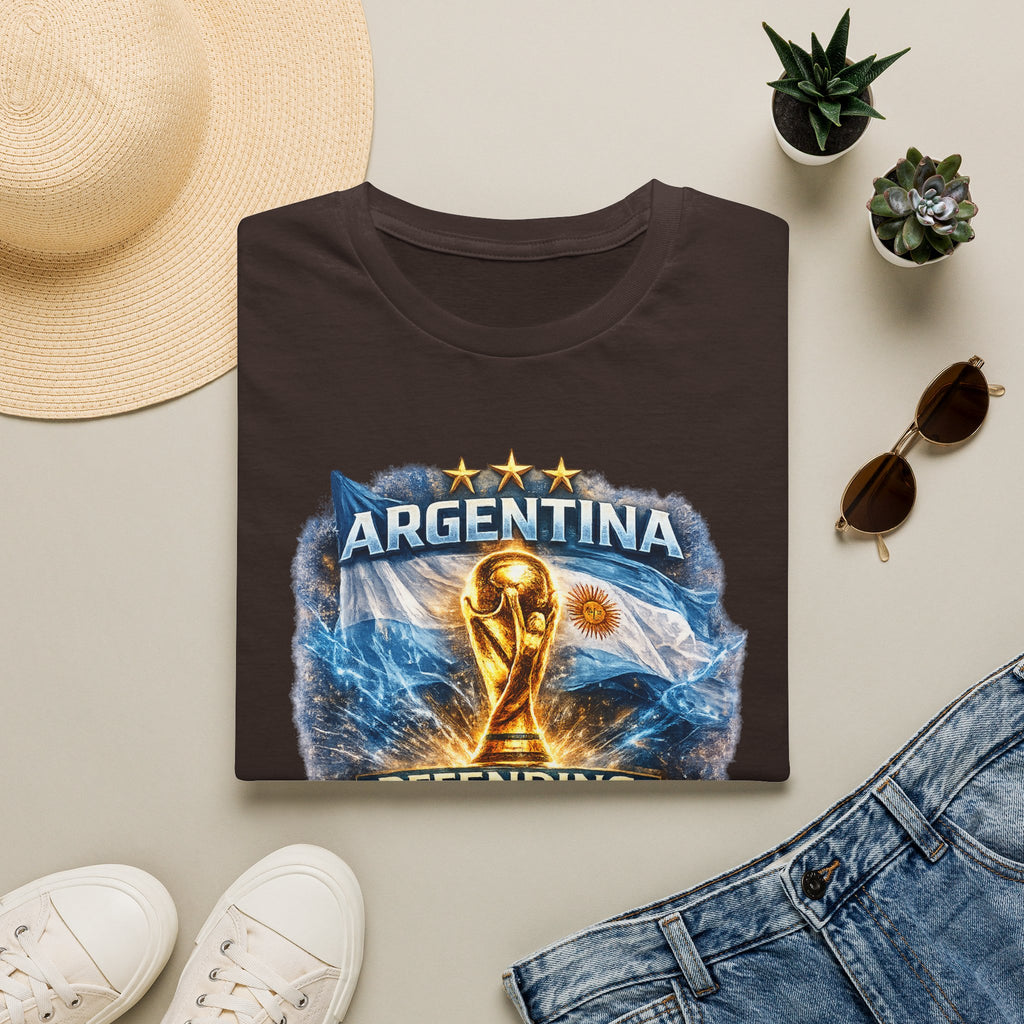 Argentina World Cup Trophy T-Shirt — Defending the Crown Soccer Fan Tee