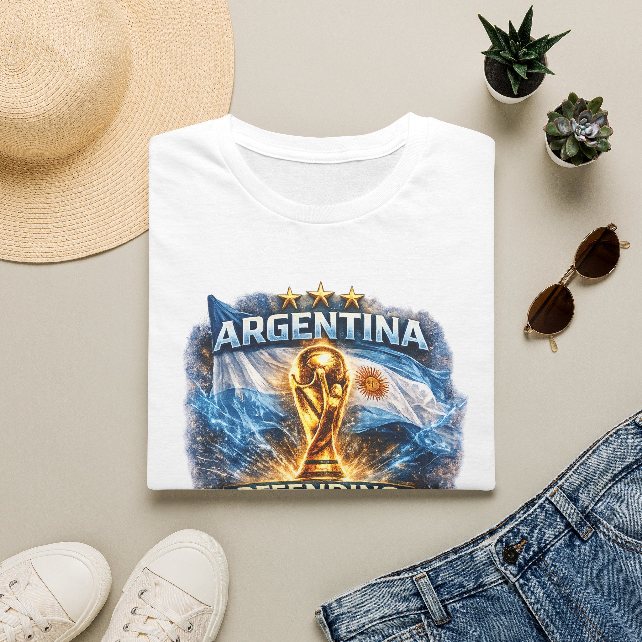 Argentina World Cup Trophy T-Shirt — Defending the Crown Soccer Fan Tee