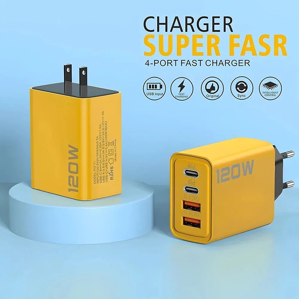 Total 120W 4-Port USB Type C Fast Wall Adapter for Quick Charge Mobile Phone - High-Speed Charging Dock for Phones Tablets