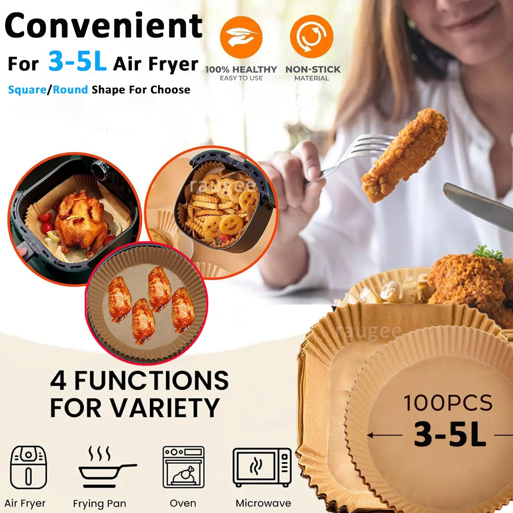 Air Fryer Paper Disposable Airfrying Baking Paper Round Square Air Fryer Liners Non-Stick Air Fryer Disposable Paper 50/100pcs