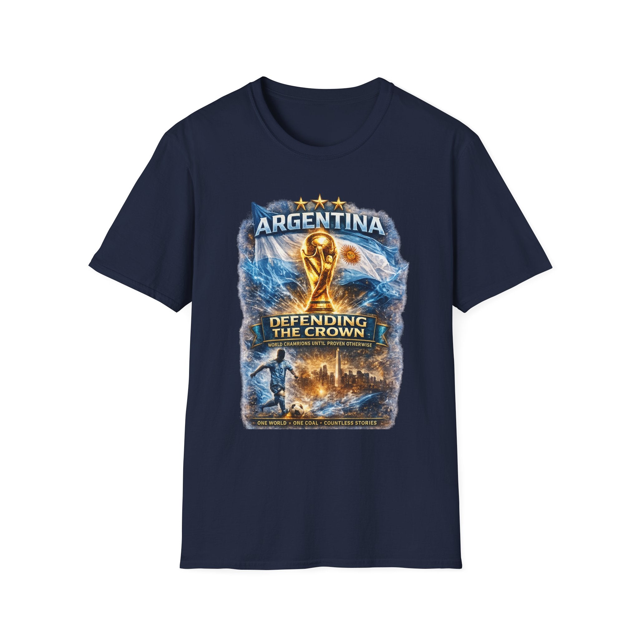 Argentina World Cup Trophy T-Shirt — Defending the Crown Soccer Fan Tee